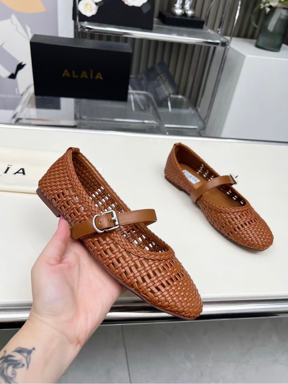 Alaia Brown Woven Mary Jane Flats - Picture 5 of 8